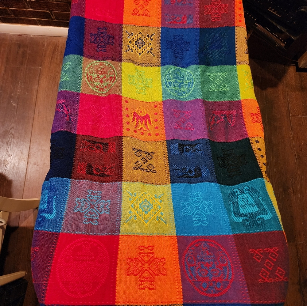 79" round colorful fringed tablecloth geometric symbols birds Spanish Indian